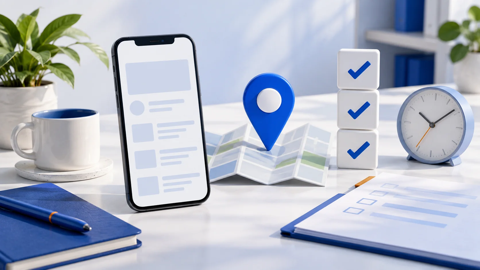 Telefon ekranı, konum pini, kontrol işaretleri ve saatten oluşan denetim masası