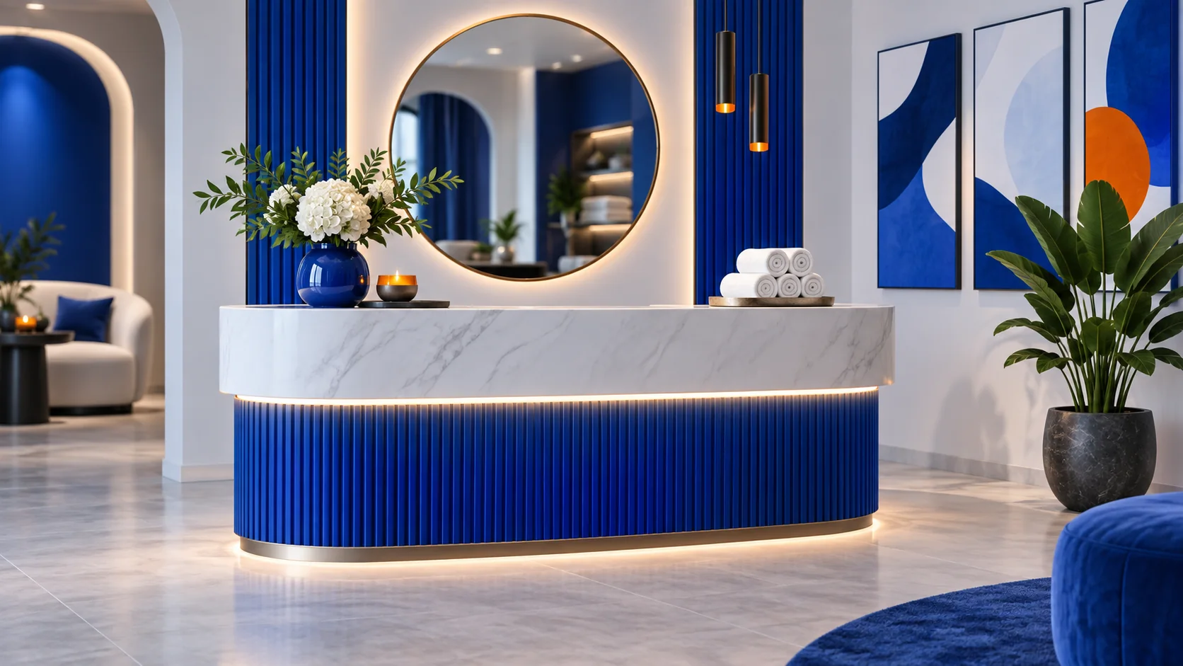 Mavi tonlu şık salon resepsiyonu ve reklam planı kartları