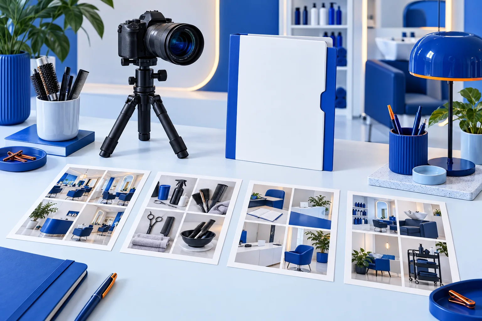 Salon fotoğrafları, kamera ve boş onay klasöründen oluşan içerik üretim masası